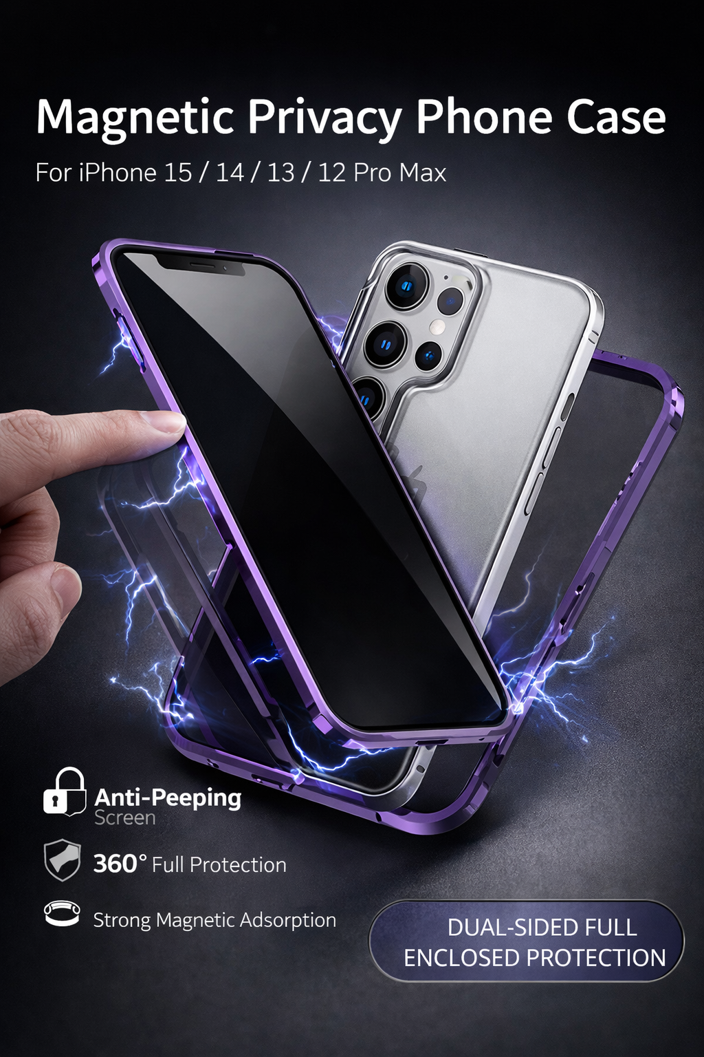 Magnetic Privacy Phone Case for iPhone 15 / 14 / 13 / 12 Pro Max – 360° Full Protection Anti-Peeping Cover