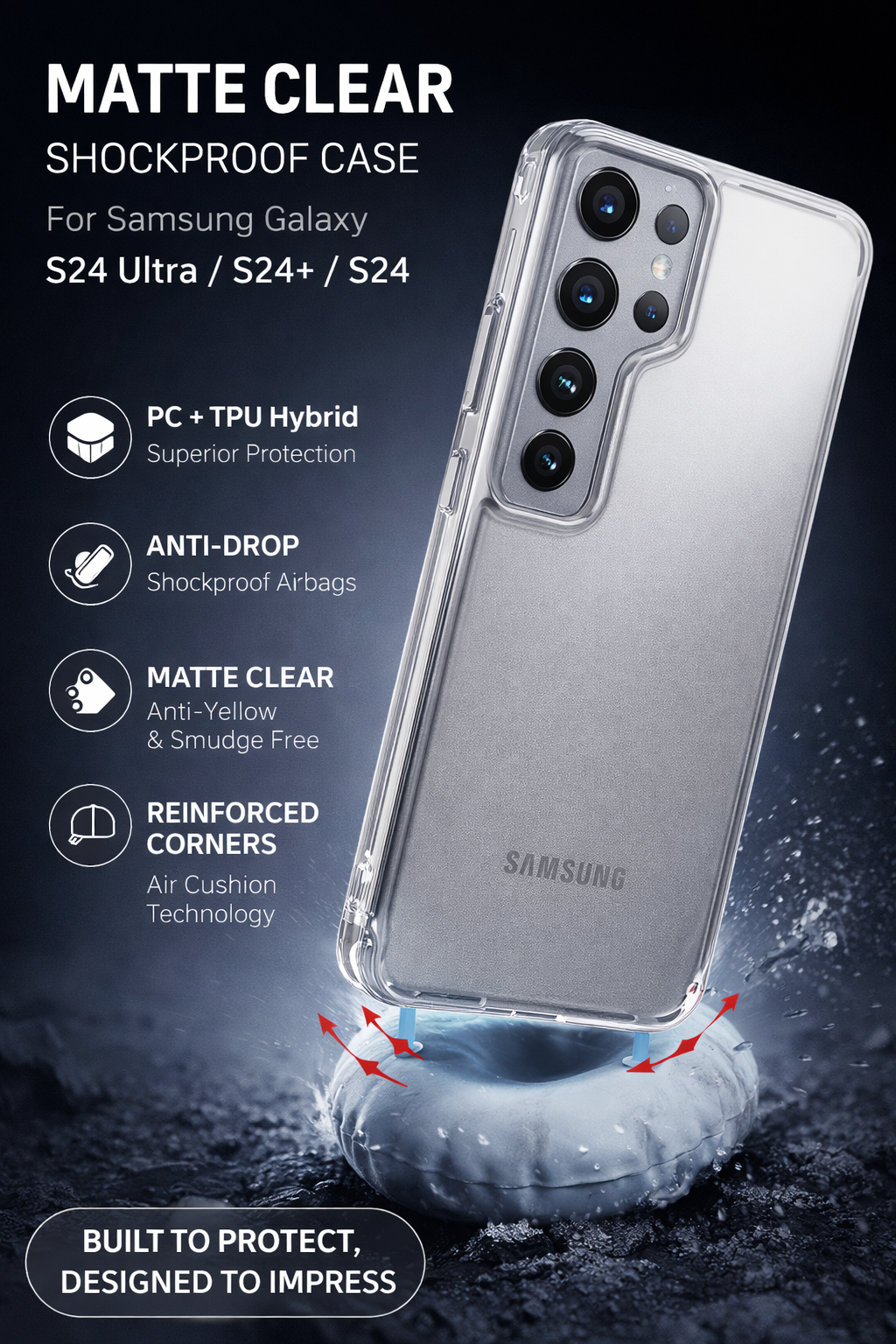 Matte Clear Shockproof Case for Samsung Galaxy S24 Ultra / S24 Plus – Anti-Yellow TPU + PC Cover