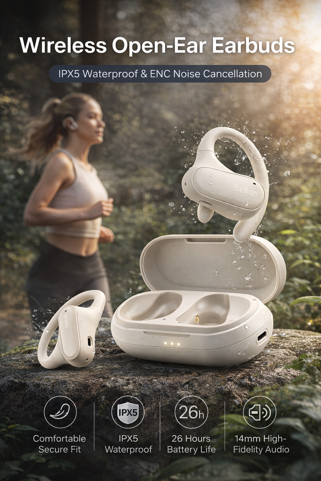 Wireless Open-Ear Earbuds IPX5 Waterproof with ENC & Long Battery Life